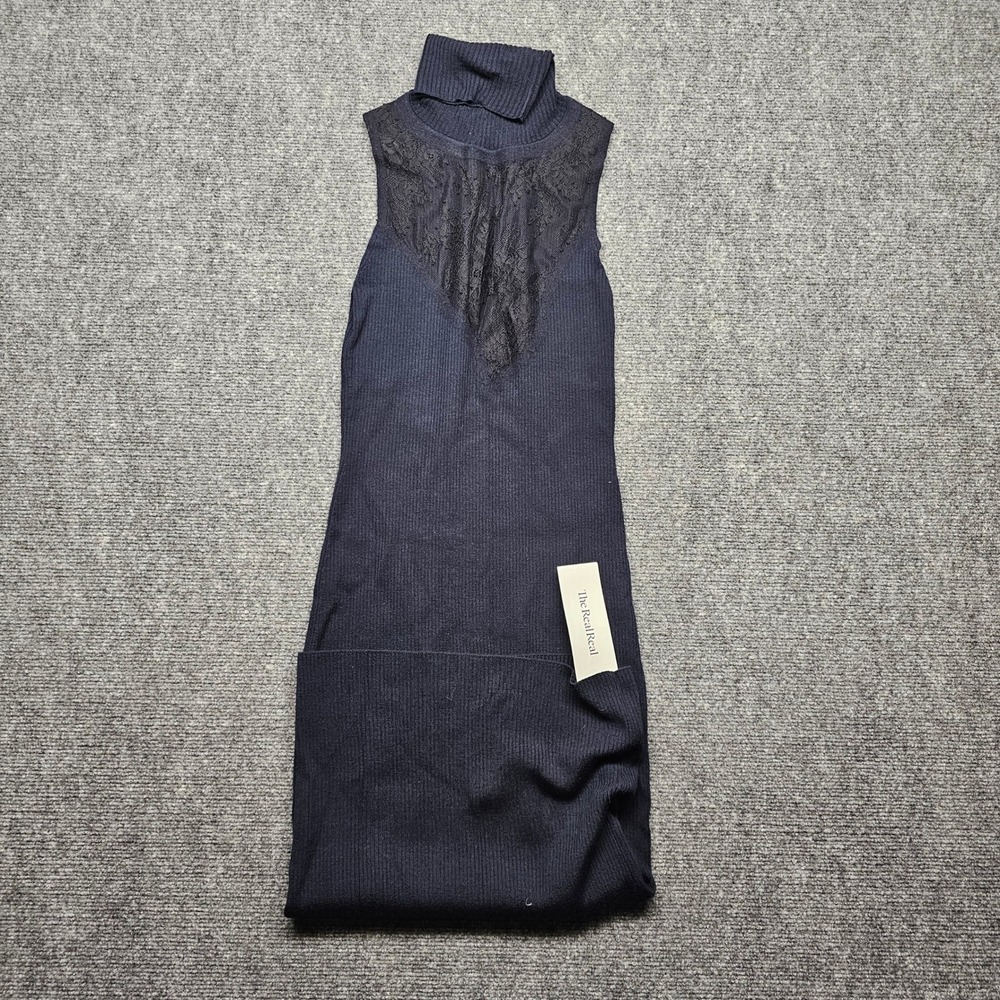 Rag & Bone Navy Blue Ribbed Knit Lace Turtleneck Sleeveless Dress XS